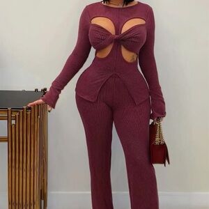 Cutout Ribbed Knit Jumpsuit - Burgundy